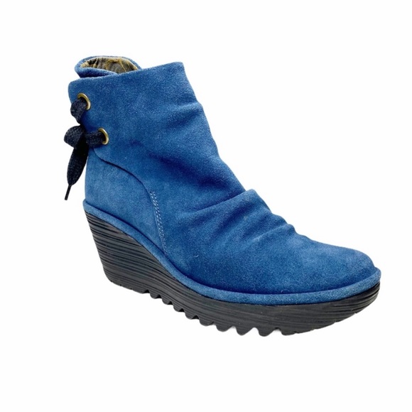 Fly London Yama Blue Suede Wedge Booties - Picture 1 of 15